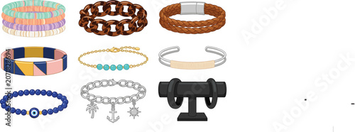 Casual Summer Bracelet Set featuring Evil Eye Beads, Nautical Charms, Braided Leather, and Beaded Bangles for Fashion Illustration, Retail, and Lifestyle Designs