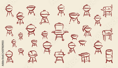 BBQ grill doodle set hand drawn barbecue equipment line art illustration with charcoal grills and smokers