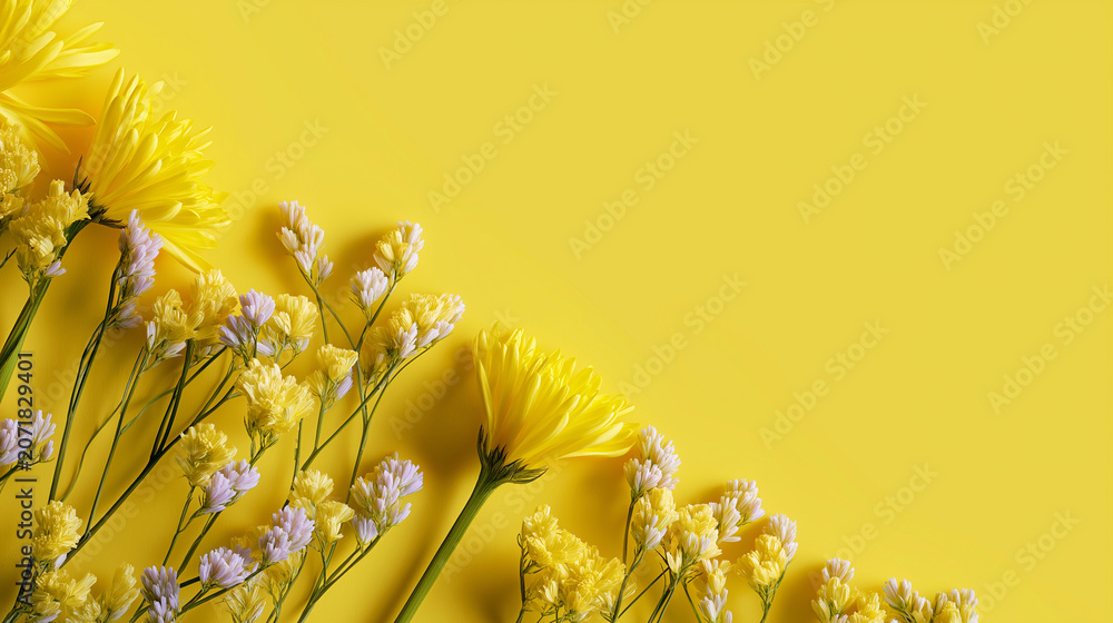 Fototapeta premium Yellow and white spring flowers arranged in a minimalist row on a pastel background representing seasonal freshness, natural elegance, and floral harmony.