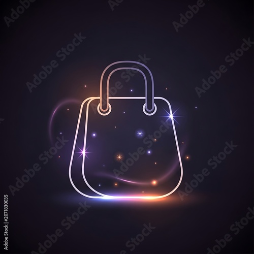 Neon shopping bag icon with glowing light effects on dark background.
