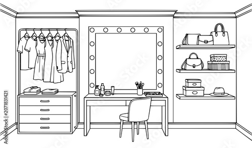 Foto Elegant Dressing Room Interior Outline Illustration with Vanity Mirror Storage F
