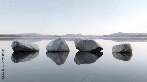 Serene Landscape with Rocks Reflected on Calm Water Surface
