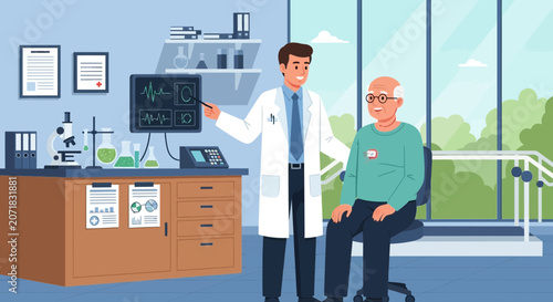 Doctor showing test results to elderly patient in clinic lab