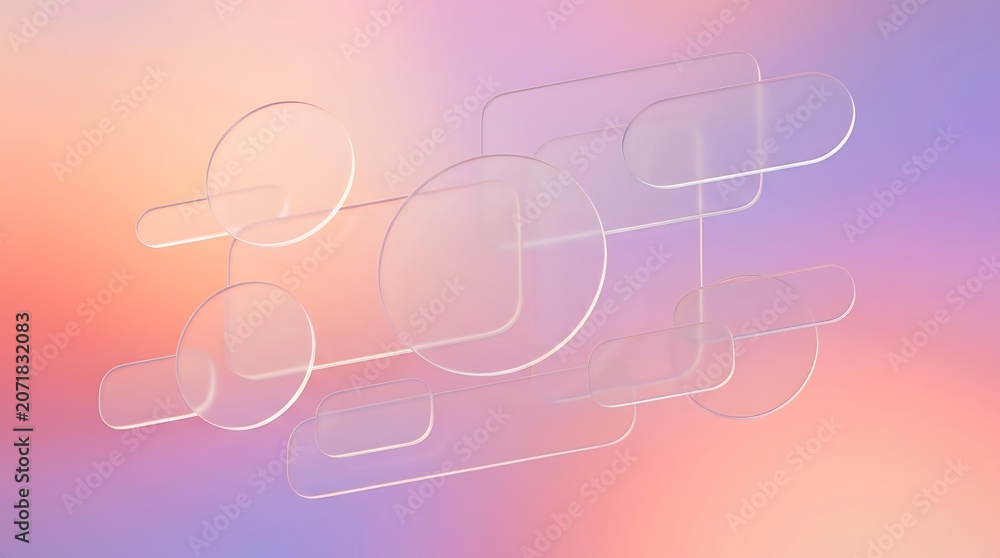 Fototapeta premium Abstract 3d composition with floating frosted glass shapes on gradient background