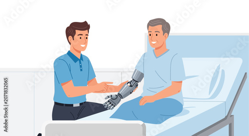 Elderly man with prosthetic arm in hospital bed, assisted by caregiver.