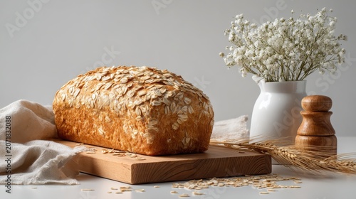 Freshly Baked Oat Bread on Wooden Board with Decor and Flowers