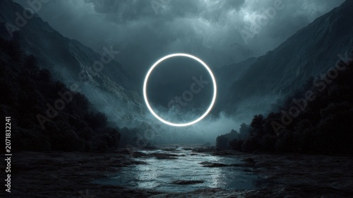Mysterious Mountain Landscape with Glowing Circle at Dusk