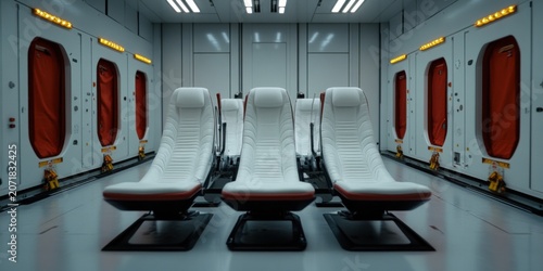 Modern spacecraft interior design showcasing comfortable reclining seats within a cutting edge technological setting