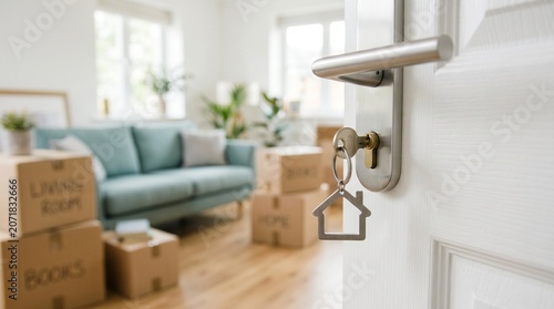 A shiny silver door handle with a metal house shaped keychain attached to a key while the door is slightly ajar in a bright room.