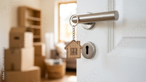 A metallic silver door handle features a charming house shaped wooden keychain hanging from the lock in this bright and clean modern home interior photograph.