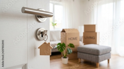 A shiny silver door handle features a hanging wooden house shaped keychain with a metal key inserted into the lock for a new home purchase.