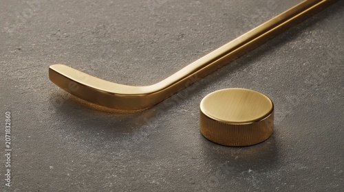 Golden Hockey Stick and Puck on Textured Gray Background