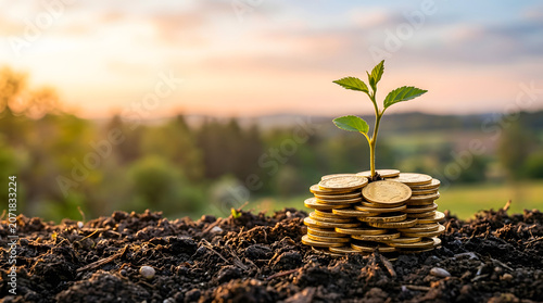 Small green plant growing from a stack of gold coins on dark soil for financial growth