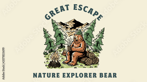 Mountain with bear vintage artwork. Mountain outdoors t shirt vector design. Great escape.
