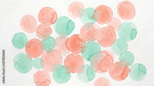 Abstract watercolor background with handpainted soft coral and mint green circles isolated on white background editable vector