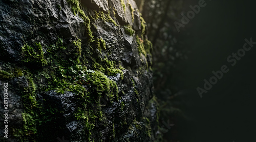 Moss covered wet rock surface in a dimly lit forest environment