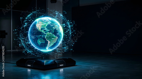 Digital holographic globe with data analytics floating above a futuristic platform in dark office