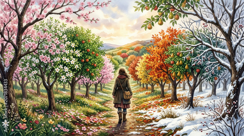 Woman Walks Through Orchard Showing Four Seasons