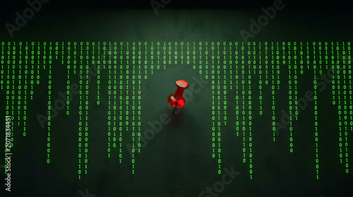 Red push pin centered in digital binary code matrix representing data security