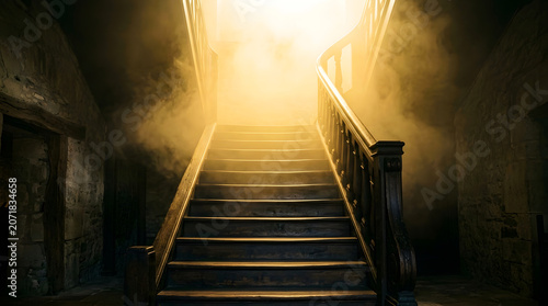 Wooden staircase leads up to bright golden light through fog