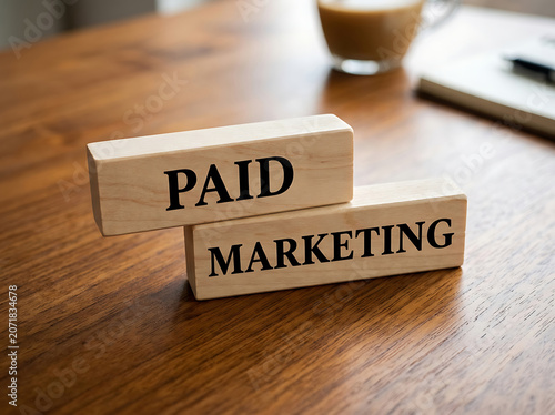 Two wooden blocks with paid marketing text on a brown wooden table with a cup of coffee and notebook in the background