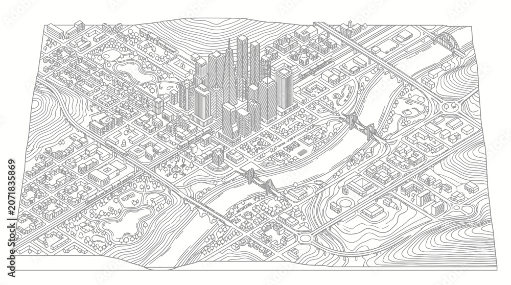 Fototapeta premium Isometric city map line drawing with skyscrapers and bridges