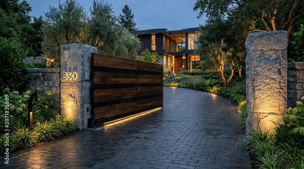Fototapeta premium Modern Luxury Residential Entrance featuring a Dark Walnut Gate and Stone Pillars at Twilight