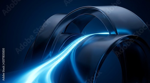 Abstract 3d background with dark metallic rings and glowing blue light streaks