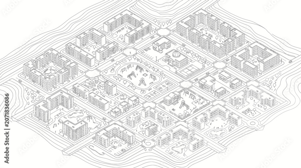 Fototapeta premium Isometric residential district layout with apartment buildings and parks