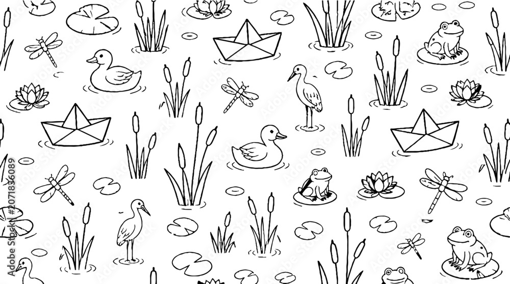 Fototapeta premium Whimsical Pond Life with Paper Boats and Frogs.