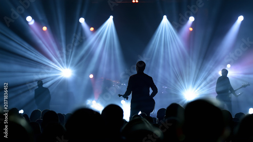 Silhouette of a singer performing on stage with dramatic spotlights and an audience, capturing live music, entertainment, and concert atmosphere.