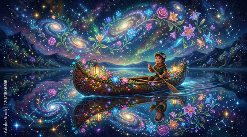 Child Sails Blossom Canoe Through Starry Galaxy Night