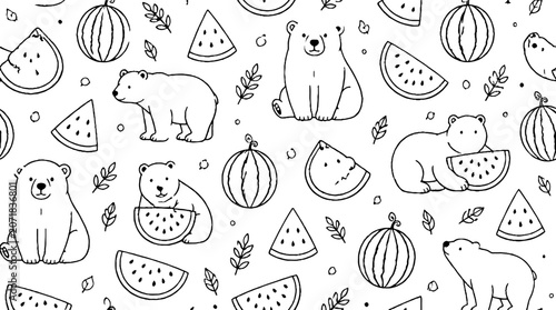 Cute Polar Bears and Watermelon Pattern Illustration.