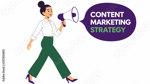 Woman with megaphone promoting content marketing strategy.