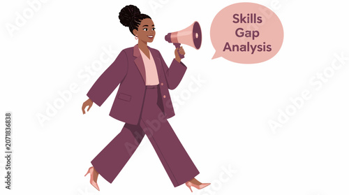 Confident professional woman holding megaphone for skills gap analysis.