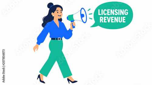 Woman holding megaphone with licensing revenue text.
