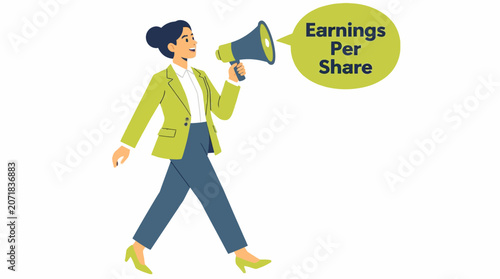 Woman in green suit holding earnings per share megaphone.