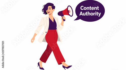 Confident woman holding megaphone for announcement.