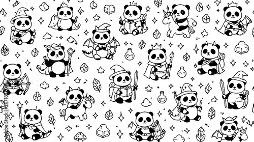 Playful pandas in festive costumes and accessories pattern.