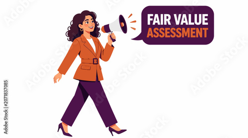 Businesswoman announcing fair value assessment with megaphone.