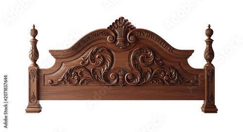 Ornate carved wooden headboard isolated on transparent background