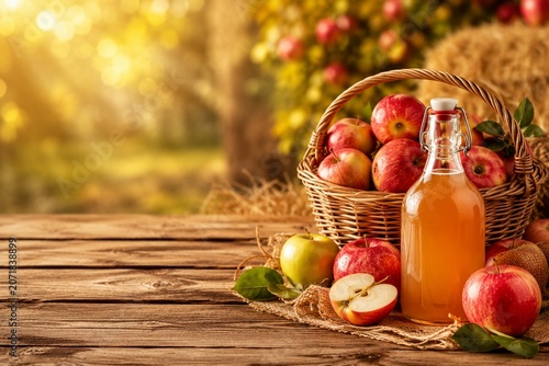 Fresh apple cider in a glass bottle with a wicker basket of ripe apples on a wooden table.