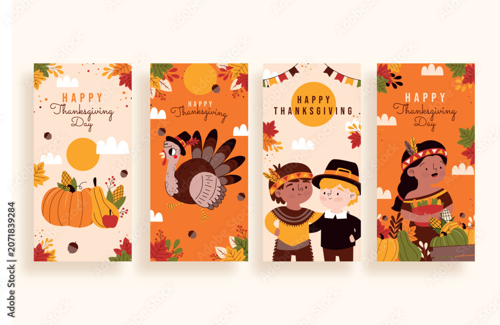 Fototapeta premium Happy Thanksgiving greeting cards with fall designs.