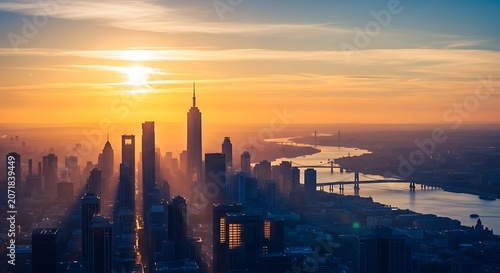 Panoramic view of Shanghai skyline at sunrise with Huangpu river.