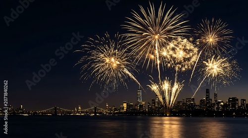 Spectacular Golden Fireworks Exploding Over the Iconic New York City Skyline and Skyscrapers at Night