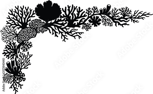 Konstfotografi Decorative marine coral reef corner frame border silhouette vector illustration