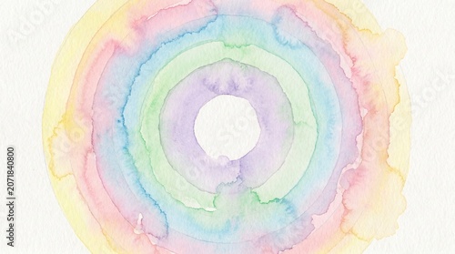 Abstract watercolor concentric circles in pastel rainbow colors isolated on white background