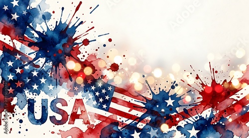 Artistic USA Flag Watercolor Background with Paint Splatters and Bokeh for Patriotic Celebrations
