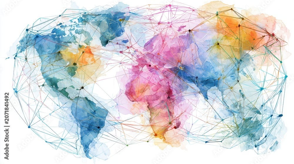 Naklejka premium Business innovation network, abstract geometric nodes forming expanding global communication web, Watercolor style.