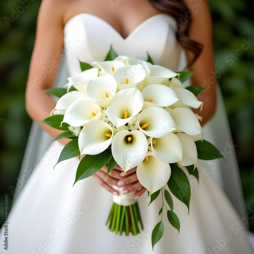 bride holding pristine white calla lilies wrapped in a classic white ribbon